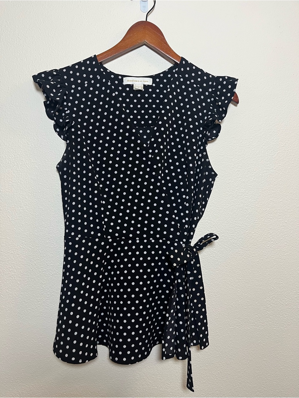 Monteau Black Polka Dot Ruffle Sleeve Tank